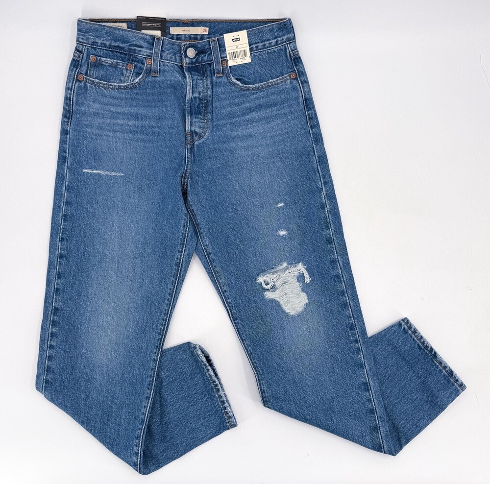 New Levis Premium Wedgie Jeans Womens 28 Blue High Rise Tapered Leg Distressed